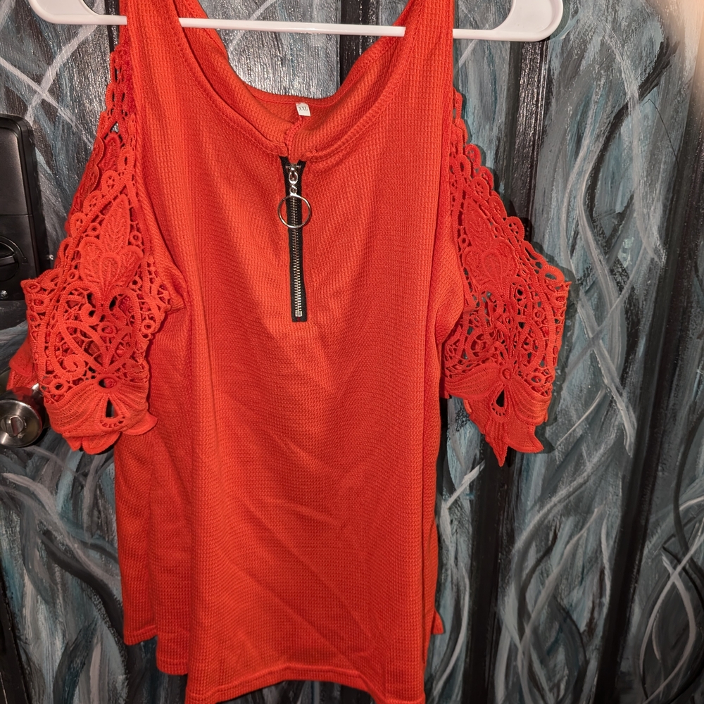 Vibrant Red Lace Cold Shoulder Top